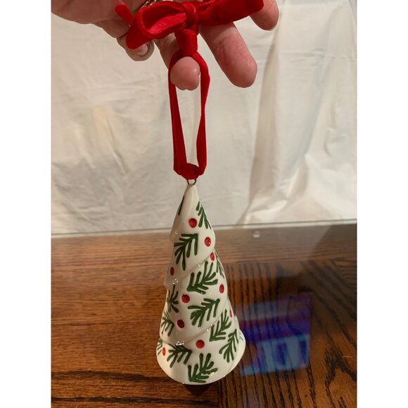 Mud Pie Christmas Tree Ornament Ceramic Red Ribbon Hanger & Green Pine Holly - Picture 2 of 5